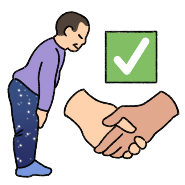 A person bowing, a pair of shaking hands, and a green checkmark box. The person has pale skin and a dark buzzcut, and wears a purple shirt, star themed leggings, and blue socks. 